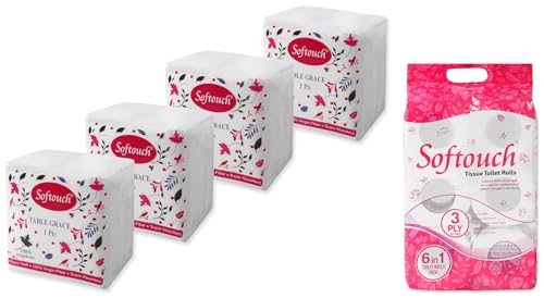 Image of Softouch 3 Ply Toilet Paper Tissue Roll Family Pack 6-in-1 (160 Sheets Per roll) & Softouch Tissue Paper Napkins 100 pcs. Each- Set of 4