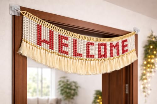 Image of Welcome Pearl Letter Door Toran | 3 Ft Decorative Bandhanwar with Tassels for Main Door, Mandir & Wedding Decor | Festive Home Entrance Hanging