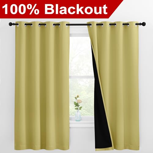 Image of NICETOWN 100% Blackout Curtains with Black Liners, Thermal Insulated Full Blackout 2-Layer Lined Drapes, Energy Efficiency Window Draperies for Bedroom (Paler Yellow, 2 Panels, 55-inch W by 68-inch L)