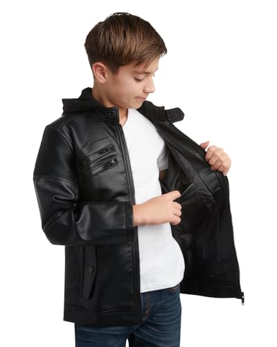 URBAN REPUBLIC Boys' Leather Jacket - Lightweight Hooded Black Faux Leather Spring Motorcycle Jacket for Boys (Sizes: 8-20)3