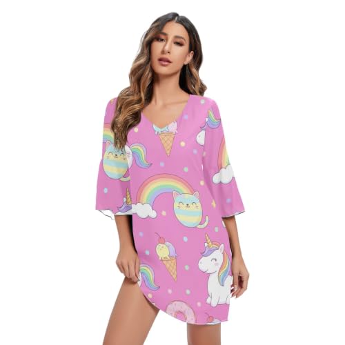 Robe licorne rose en mousseline légère avec manches 3/4 protectrices