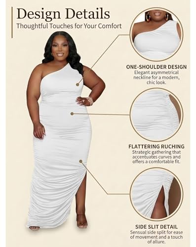 Image of Womens Sexy Plus Size One Off Shoulder Sleeveless Bodycon Ruched Evening Pencil Party Maxi Dresss