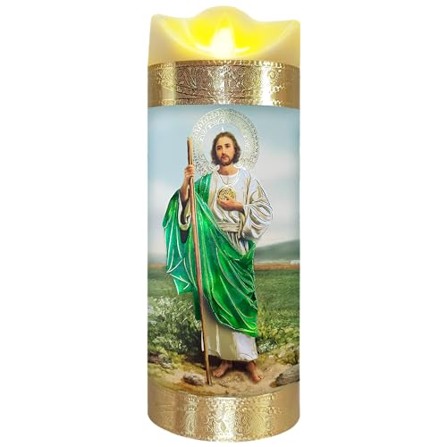 Image of Artediseno piezas maestras Saint Judas Flameless LED Devotional Prayer Candle Religious Gold Foil Decoration for Home, Office, or Place of Workship