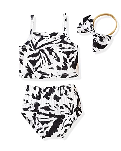Newborn Baby Girl Clothes Summer Outfits Sleeveless Tie Dye Crop Tops Shorts Set Knitted Bummies Outfits With Headband 3Pcs Clothes Set (Black And White, Newborn) #TOP10