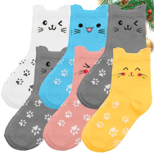 VEGCOO 6 Pares Calcetines para Mujer, Calcetines Originales de Gatos para Mujer Niña, Media de Algodón Transpirables, Cómodos y Cálidos, Regalo Personalizado para Navidad y Cumpleaños, Tallas 37-41