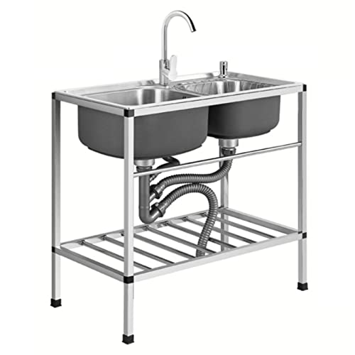 Lavandino, Lavandino Esterno Lavandino Doppio, Lavandino Commerciale in Acciaio Inox con Rubinetto e Scaffali di Stoccaggio, Per Garage, Ristorante, Cucina, Lavanderia (Silver)