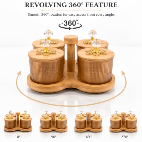 Image of 4 Jar Borosilicate Glass Storage Container Set with 360 Revolving Bamboo Tray (Round Jar with Knob)