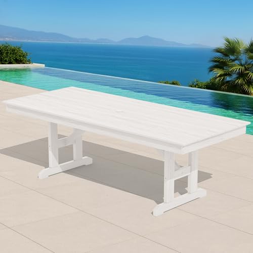Image of SERWALL Outdoor 84 inch HDPE Dining Table with Umbrella Hole for 6-8, White | 9-piece HDPE 84 inch dining table, Ideal for Outdoor Gathering