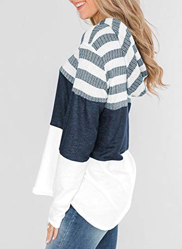 Lovezesent Womens Plus Size Casual Loose Long Sleeve Color Block Stripe Drawstring Hoodie Sweatshirt Pullover for Jeans White XXL
