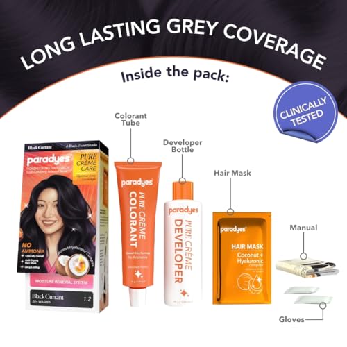 Image of Paradyes Pure Creme Care No Ammonia Hair Color Black Currant 1.2 | Long-Lasting Creme Formula | Grey Coverage | Coconut Milk + Almond Oil + Hyaluronic Complex | Smooth & Shiny Finish | 60g+10 ml