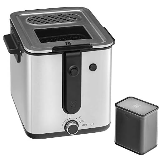 WMF Küchenminis Mini fritös med fett/olja, fritös med potatisskärare, 1 000 W, avtagbar oljebehållare, för krispiga pommes, matt rostfritt stål