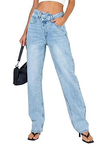 PLNOTME Women's Low Waisted Jeans Trendy Straight Leg Boyfriend Crossover Casual Denim Pants