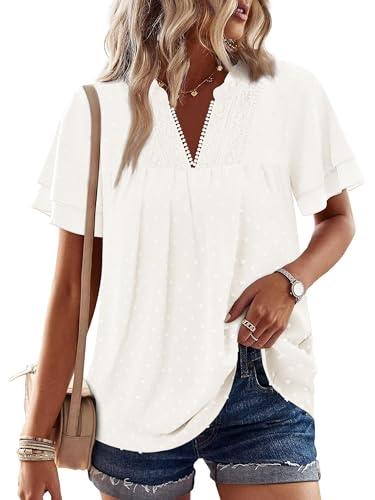 KISSMODA Womens Tops Butterfly Sleeve V Neck Blouses Swiss Dot Ruffle Short Sleeve Shirts Basic Trendy Solid Color Clothes A White