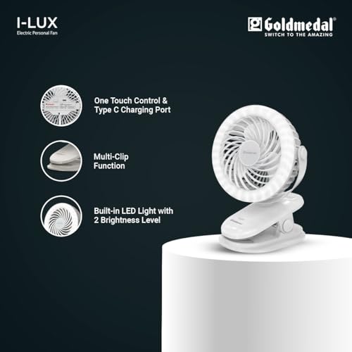 Image of Goldmedal I-Lux 100 mm Portable Desk Mounted Clip Fan| Multi-Clip Function| Type-C USB-Powered Rechargeable Battery with 6-7 Hours Backup| Bright Light | Personal Fan for Home & Office (White)