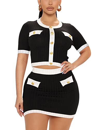MOEENCN Women's Sexy Ribbed 2 Piece Outfit Bodycon Short Sleeve