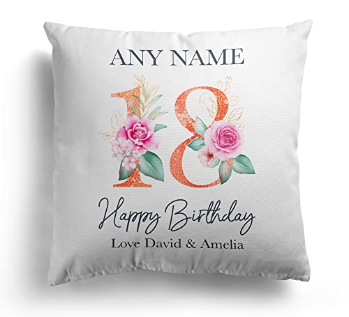Personalised 18th Birthday Cushion Pillow Any Name Pink Floral Cover And Inner Scatter Cushions Throw Pillows Gift For Her Girls Bedroom Happy Birthday Keepsake Decor (cover & inner)