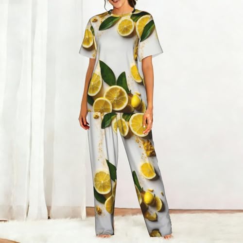 Pyjama doux imprimé citron jaune ensemble nuit fluide