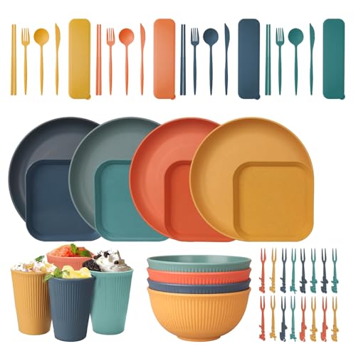 La Mejor Lista de Cubiertos y plato disponible en línea para comprar. 46 Juego de Vajilla de 52 Piezas,Cubiertos de paja de trigo, Juego para 4cubiertos portátiles reutilizables, Tenedor,Cuchara, Plato, Palillos,Tazas,sin BPA, Apto para microondas y...