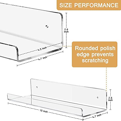 Juoifip Clear Acrylic Floating Shelves 2 Pack, 15” Modern Acrylic Picture Display Shelves, Wall Mounted Storage Shelf For Home, Kitchen,Office, Invisible Kids Bookshelf Spice Rack #TOP2