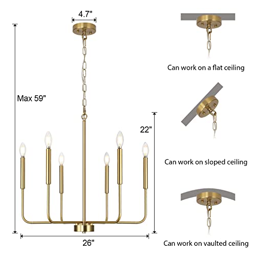 Modern Farmhouse Chandeliers For Dining Room Gold Candle Chandelier 6-Light, Brushed Brass Mid-Century Branches Ceiling Chandeliers Fixture For Dedicated Room,Kitchen, Living Room, Foyer, Entrance #TOP5