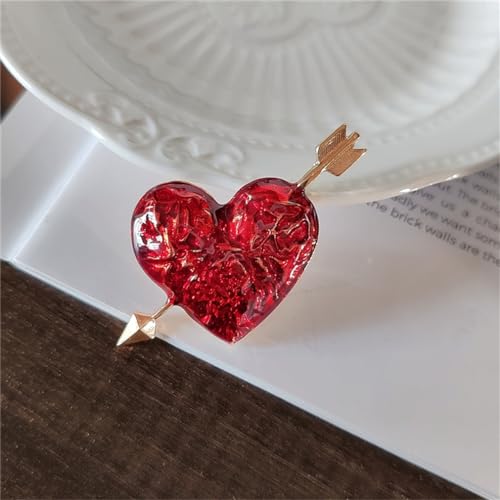 Image of Heart-Shaped Valentine's Day Brooch Pin - Retro Oil-Dripped Flower Design With Red Cupid's Arrow - Exquisite Collar Pin Love-Themed Badge Gift for Ladies and Girls
