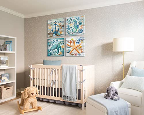 Ocean Wall Art Blue Beach Bathroom Nursery Wall Decor Teal Nautical Artwork Sea Turtle Themed Pictures Coastal Art For Kids Bedroom Living Room Dining Room Octopus Painting Wall Decorations Set Of 4 #TOP3