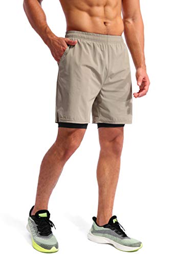 Image of Pudolla Men's 2 in 1 Running Shorts 5 inch Quick Dry Gym Athletic Workout Shorts for Men with Phone Pockets