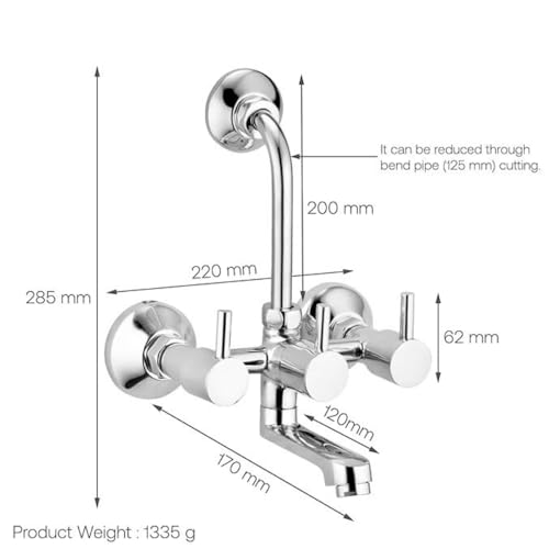 Image of iRiS 2-in-1 Brass Wall Mixer Tap with Overhead Shower Provision | 125mm Long Bend Pipe | Visible Hot & Cold Indicators | Chrome Finish Bathroom Faucet | Wall-Mounted Brass Tap
