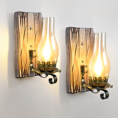 Image of Rustic Wall Sconces Sets of 2, Oil Rubbed Bronze Wall Sconce Indoor Retro Wall Lamps with Amber Glass E12 Wood Bedside Wall Light Fixture for Hallway Living Room Bedroom Fireplace