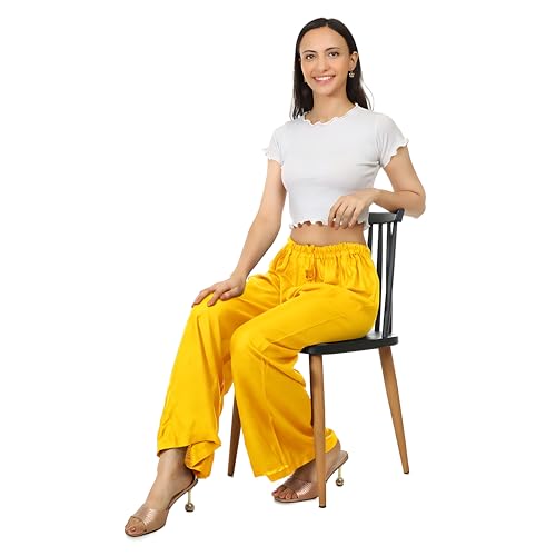 Image of Women's Rayon Palazzo Pants | Solid Color Wide Leg Trousers in 18 Shades | Elastic Waist Casual Bottoms XS-7XL | Comfortable