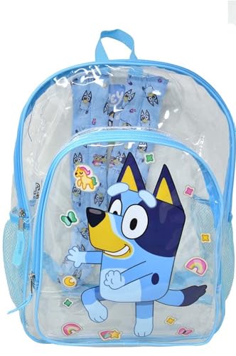 Fast Forward Bluey 16” Clear Backpack for Kids – Transparent School Bag with Bluey Graphics & 2 Mesh Side Pockets – Lightweight & Durable for School or Events, BLTR