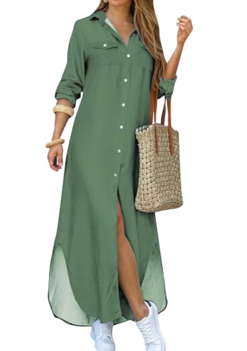 Image of YMING Women's Long Sleeve Button Down Shirt Dress Spring Casual Maxi Dresses Loose Fit Blouse Dress with Pockets