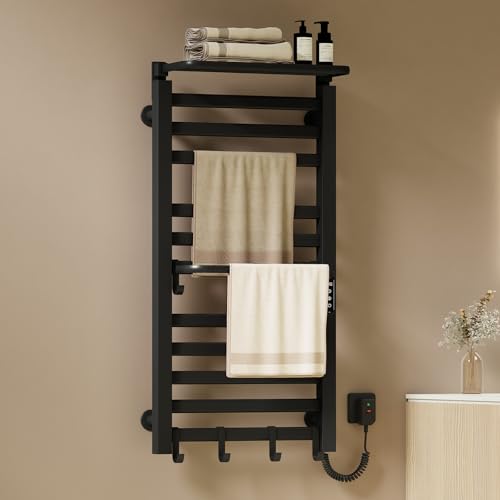 EMKE Toallero Eléctrico Baño 1000 x 500 mm, Negro, 280W, Radiador toallero eléctrico con Estante y Ganchos, Temperatura Ajustable 30-70°C, Función Temporizador&Memoria,Toallero electrico