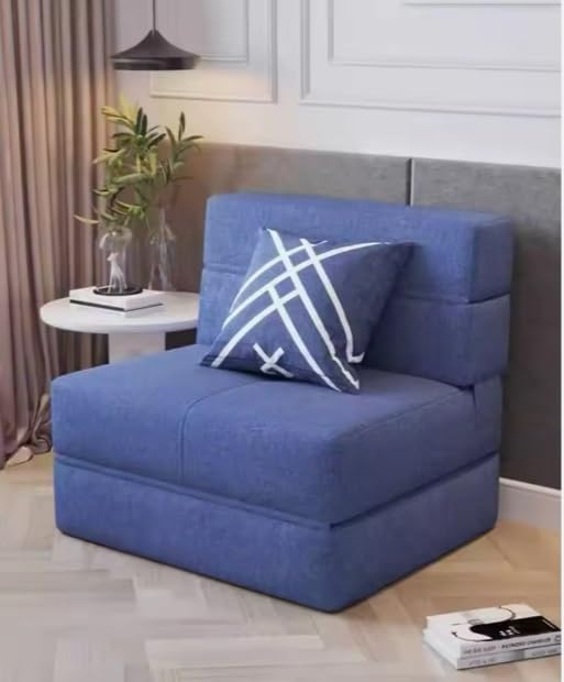 Image of Foldable One Seater Sofa Bed 3 x 6 Ft Jute Fabric Washable Cover Convertible Sofa Bed for Home & Office, Guest Room (Finish Color - Blue - Pre-Assembled)
