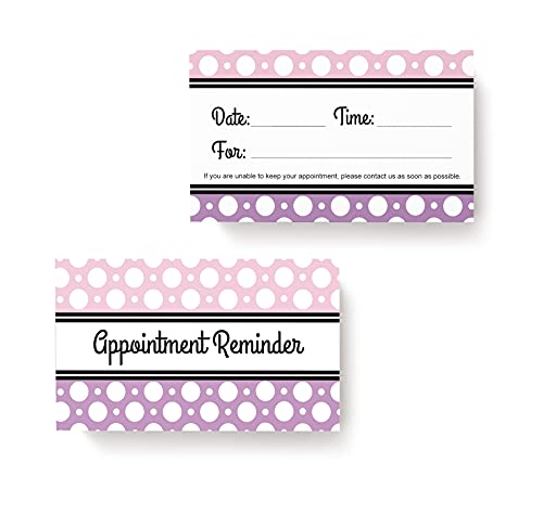 Tarjetas de citas moradas con lunares para cliente, tarjeta de recordatorio de citas para salón, maquillador, estilista, terapia de belleza, dentista, cuidado de mascotas, paquete de 100 unidades