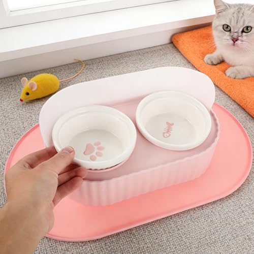 Gamelle double en céramique rose pour chat, avec son support surélevé chic et stable