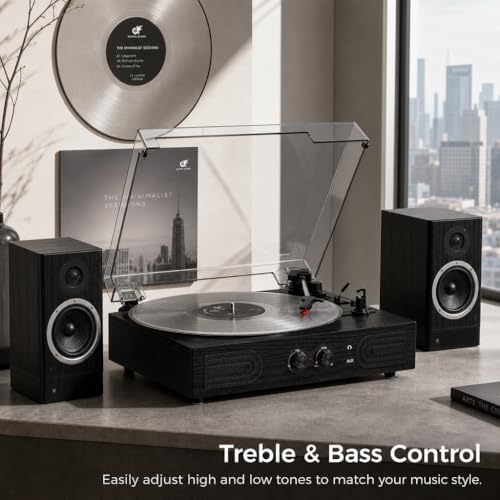 Image of Vinyl Records Player with Bulit-in Stereo Speaker Bass & Treble Tone Control 3-Speed Belt-Driven Turntable for 6-Sizes Records Support RCA & Headphone Ouput, AUX Input
