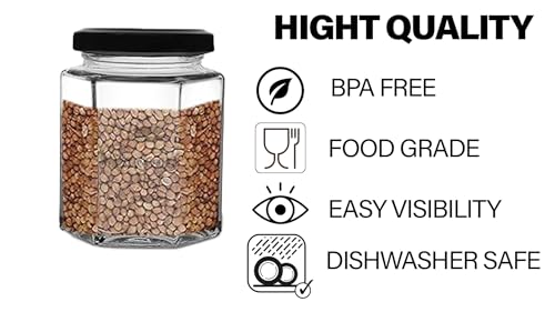 Image of Croco Hexagon Glass Jar and Container With Rust Proof Air Tight Black Lid, Suitable For Use In Your Home Office, Kitchen Storage (Pack Of 6)