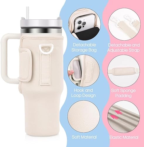 Image of MTROYALDIA Water Bottle Carrier Bag with Pouch Compatible with Stanley 40oz Tumbler with Handle, Water Bottle Pouch for Stanley Quencher H2.0 Flow State, 40 oz Tumbler (new Beige)