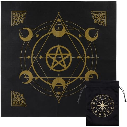 CREATCABIN Hexagram Tarot Cloth Altar Cloth Moon Tarot Deck Pentacle Spiritual Tapestry Sacred Astrology with Tarot Card Bag for Divination Witchcraft Pagan Gift Tarot Lover 19.48x19.48 Inch Black