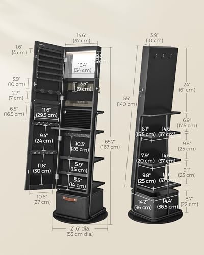 SONGMICS 360° Swivel Mirrored Jewelry Cabinet with Lights, Full-Length Mirror with Jewelry Storage, Standing Jewelry Armoire Organizer, with Large Storage Basket, Christmas Gifts,Ink Black