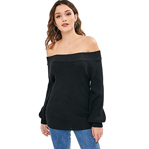 ZAFUL Women's Off Shoulder Knit Sweater Lantern Sleeve Casual Pullover Jumper Crop Top(Black)