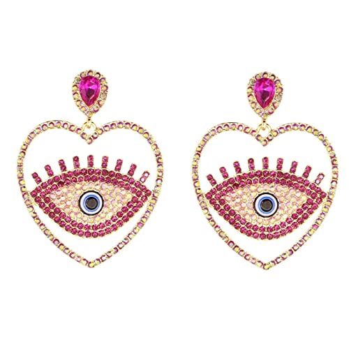 Enrwin Austrian Crystal Evil Eyes Drop Dangle Earrings Heart-Shaped Abstract Eyes Hoop Earring For Women Girls (Fuchsia-Gold Plated) #TOP4