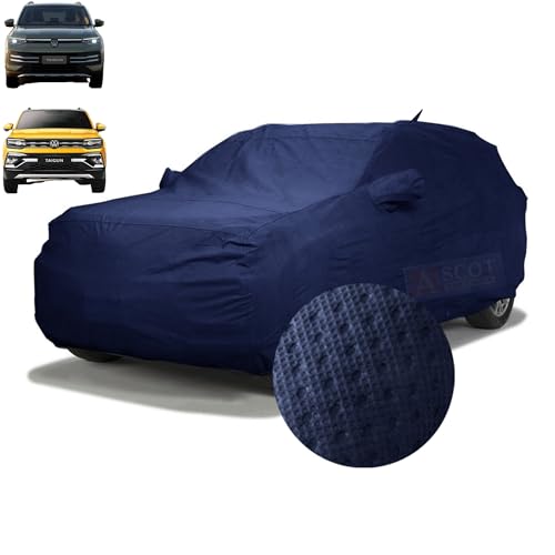 Image of ASCOT, CAR COVER Premium 3-Layer Waterproof & Heat-Resistant Car Cover for Volkswagen TAIGUN 2021-2026 Model | UV Shield, Dustproof, Stormproof | Mirror Pockets (TAIGUN GT LINE, TIEBOND Blue)