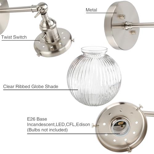 Image of PERMO Sconce with Switch Industrial Gold Wall Sconce Lighting with Ribbed Globe Lampshade (Brushed, 1 Light-Hardwired)
