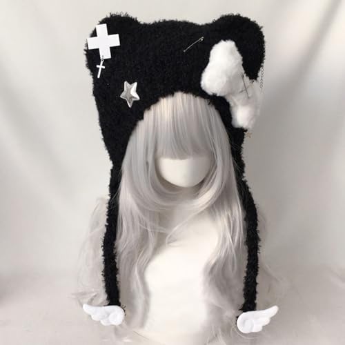 Bear Ear Knitted Hat Punk Knitted Hat for Girl Snow Skiing Cycling Winter Crochet Snow for Women Outdoor Activity Stylish4