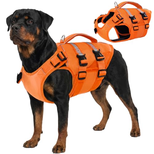 Kuoser Dog Life Jacket, High Flotation Dog Life Vest for Swimming Boating, Adjustable Ripstop Pet Lifesaver for Small Medium and Large Dogs, Reflective Safety Puppy Swimming Vest with Rescue