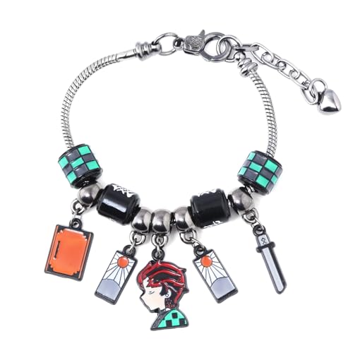 DIY Tanjiro Beads Bracelet Gifts – Anime Charm Jewelry Inspired by Tanjiro with Sword Pendant, Green Beads & Enamel Charms – Cosplay Accessory for Fans & Collectors