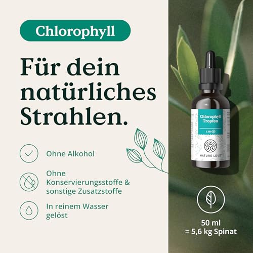 Flüssig Chlorophyll aus Alfalfa (50ml) - hochdosiert mit 200mg Chlorophyllin - ohne Jod - Alternative zu Chlorophyll Tabletten - vegan, laborgeprüft und in Deutschland produziert