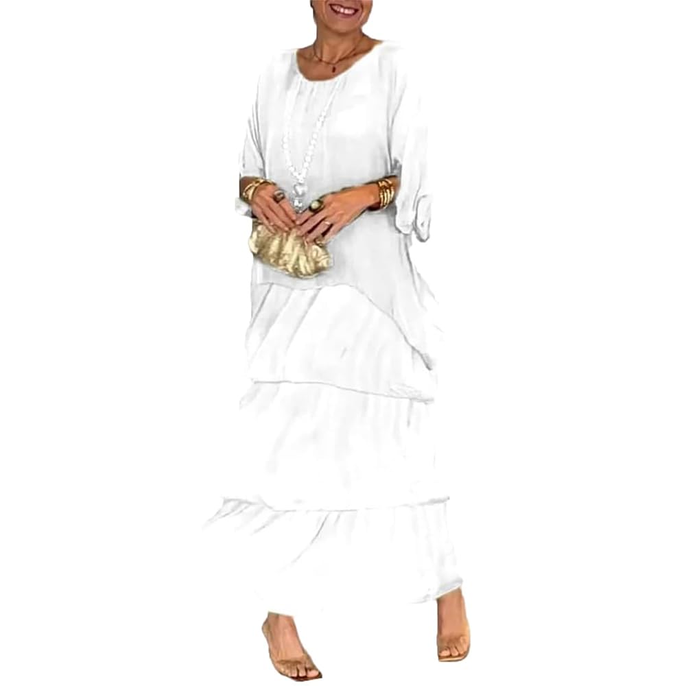 EUUDROBY Vestido Suelto de Estilo artístico, Vestidos Largos de Verano de Talla Grande con Cuello Redondo y Manga